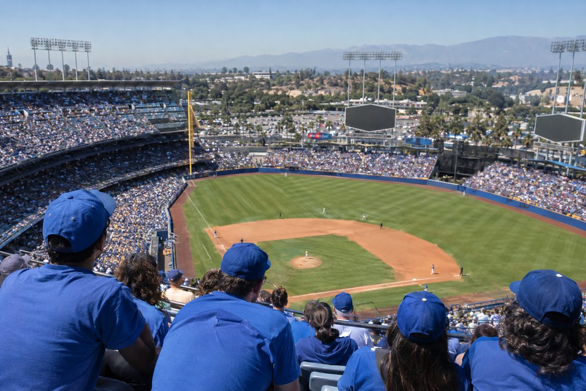 Baseball fans in blue sit in the upper deck at Dodger Stadium on an October afternoon, with the field below.