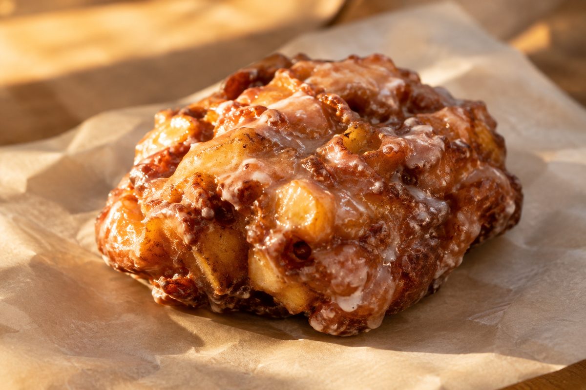 Close-up of a glazed apple fritter on wax paper, shot at an angle in warm light.