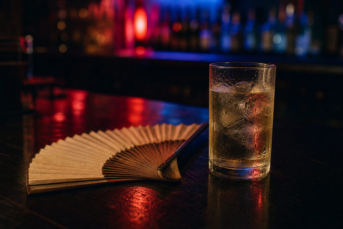 A folded paper hand fan and a sweating glass sit on a dark bar top under red and blue light.