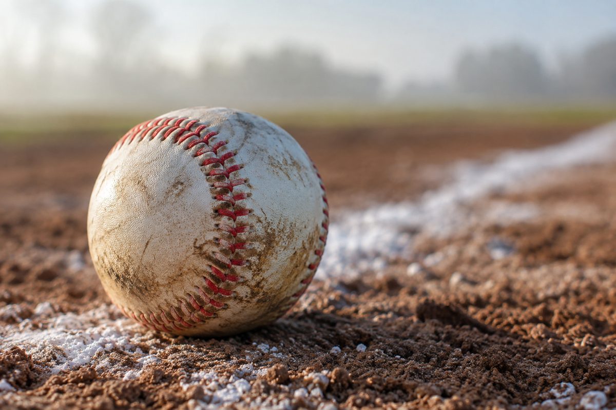 Extreme macro of a scuffed baseball's red stitching resting on chalk-dusted infield dirt.