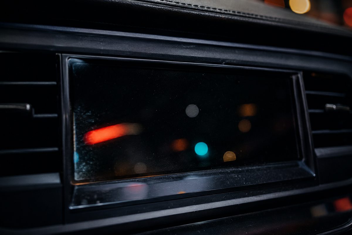A dark, unlit rectangular screen set into a car dashboard at night, with street light reflections stretched across the glass.