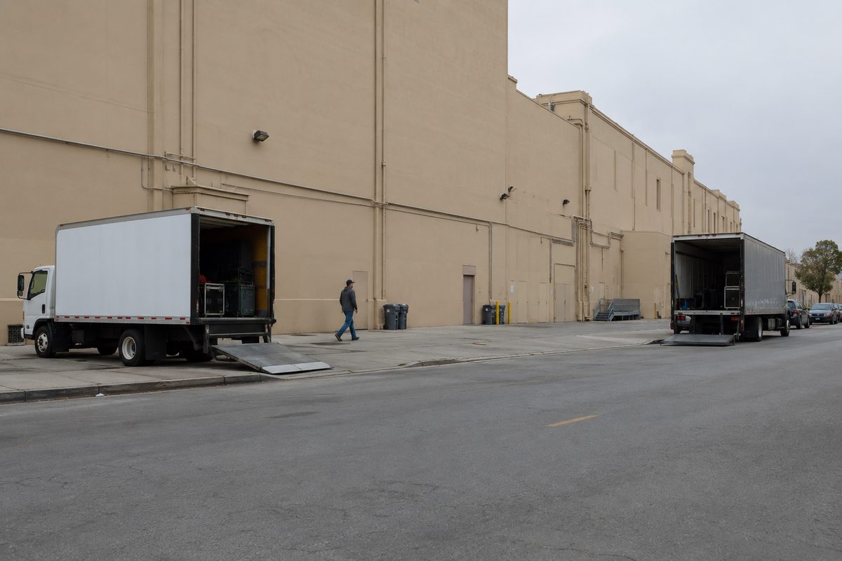 Tall windowless soundstage walls on a Burbank studio street on an overcast weekday, two production trucks at the curb and a crew member walking past.