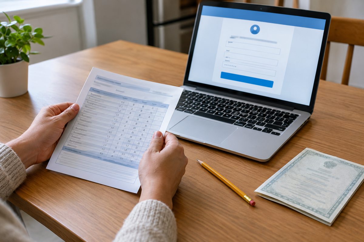 A parent's hands hold a child's school report card beside a laptop showing an online sign-up form on a kitchen table.