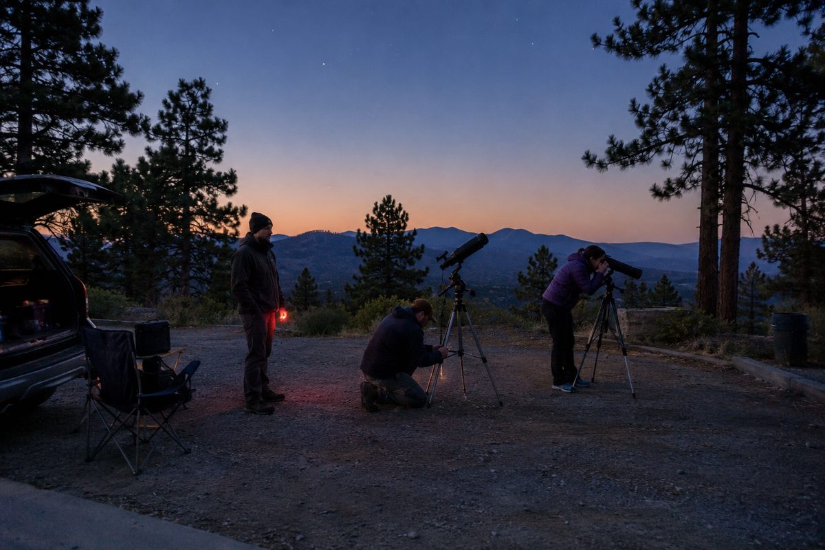 Amateur astronomers setting up telescopes in a dirt parking area among pine trees near the Mount Pinos summit at dusk, a stargazing spot near Los Angeles.