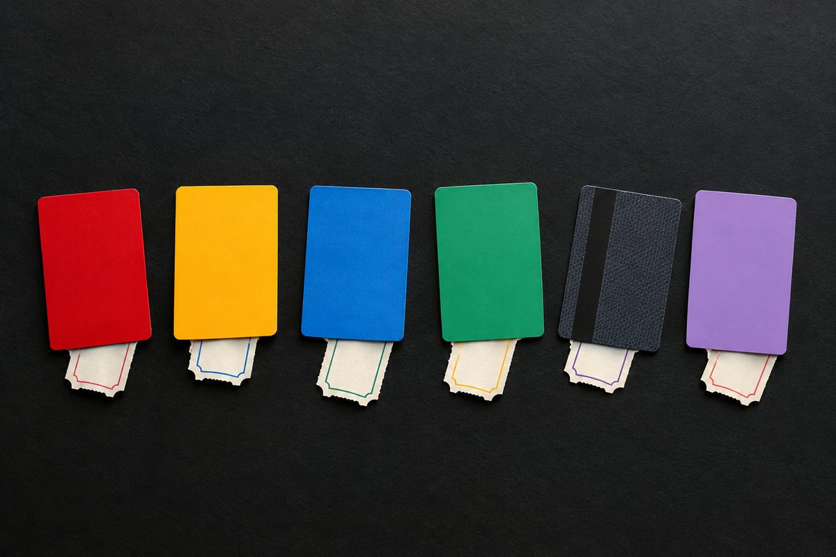 Photo illustration: a flat stylized overhead row of six blank cinema membership cards on a plain dark surface, each a different flat color, each with a small paper ticket stub tucked under its corner, one card turned face-down; bold graphic palette, hard even light, no text in the image, no logos, no readable numbers, no people.
