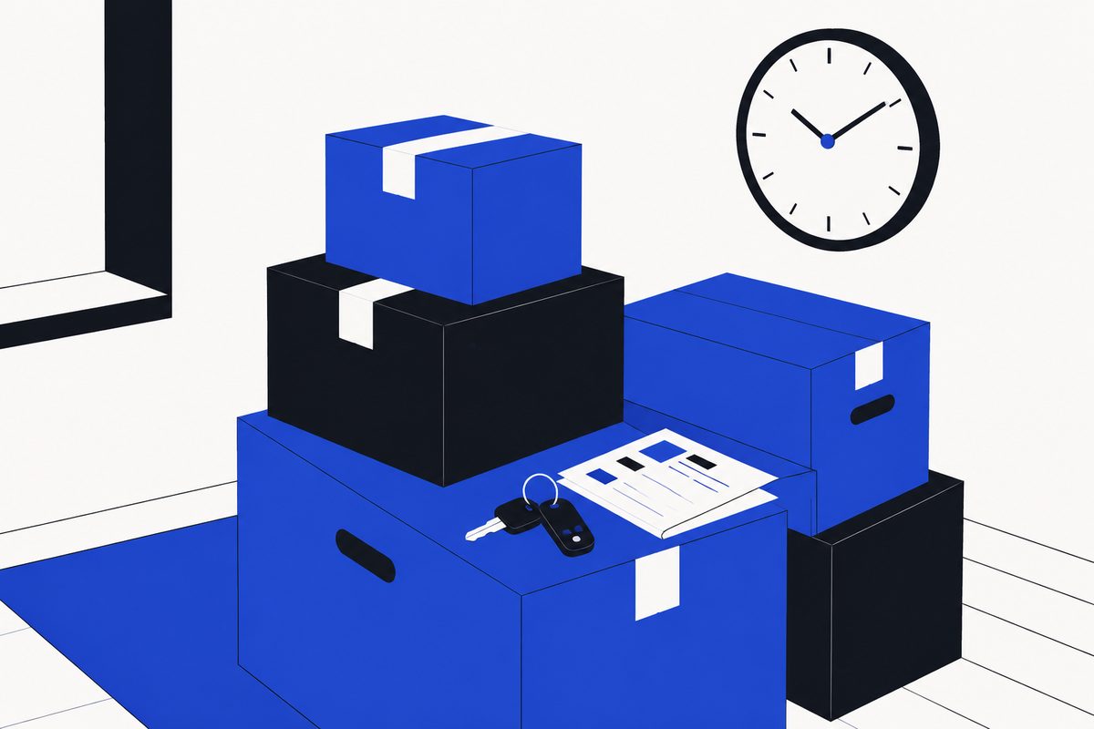 Illustration: flat editorial illustration, brand palette — a stack of unopened moving boxes on a bare apartment floor, a set of car keys and a folded paper form resting on the top box, a wall clock behind them, no text legible, no people