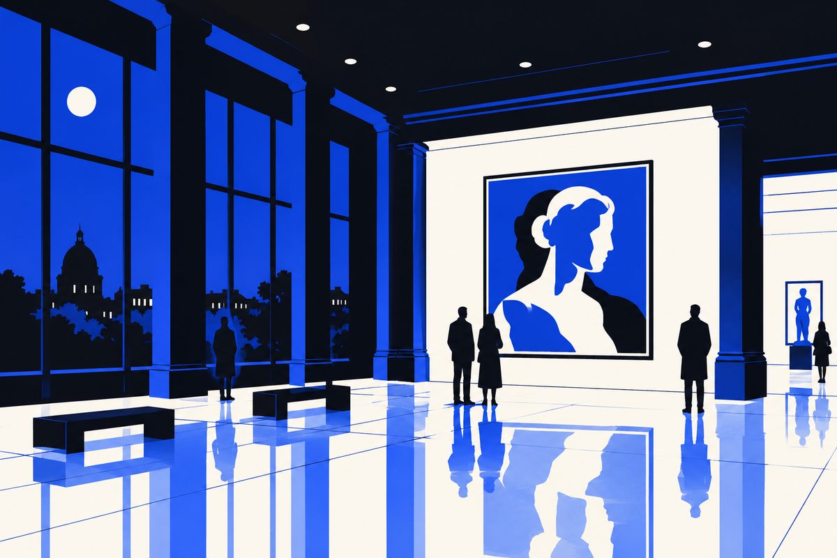 Illustration: a museum gallery open at night, tall windows glowing warm against a dark sky, a few visitors small in silhouette before a large painting, a marble floor reflecting the lights