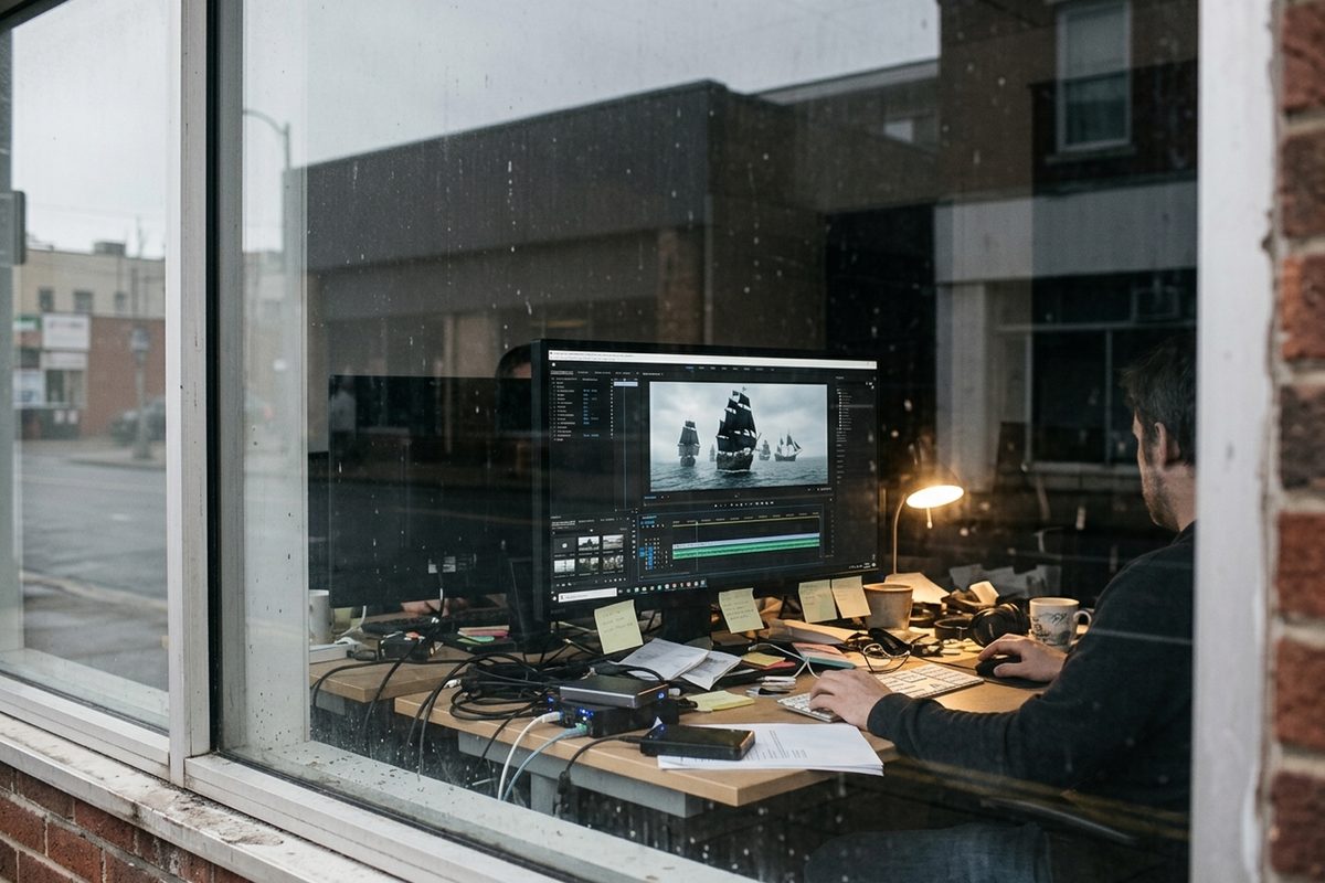 Through a studio window, a video editing monitor shows a timeline of AI-generated clips of black-sailed ships on a gray sea, illustrating Grok Imagine's Odyssey episode.