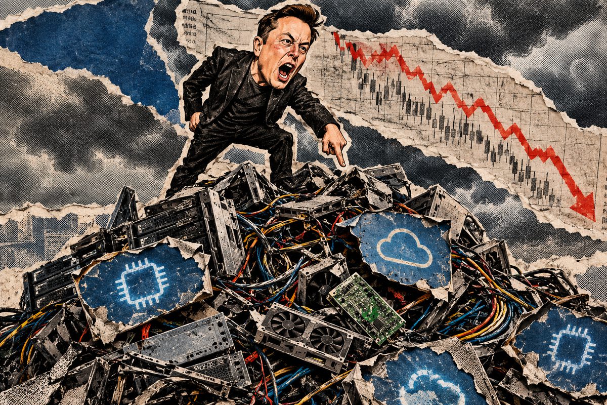 AI illustration, a drawn likeness of Elon Musk: a torn-paper collage of Musk yelling and pointing down from a heap of scrapped servers, graphics cards and cables, with crumpled chip and cloud signs in the pile and a red market chart plunging behind him.
