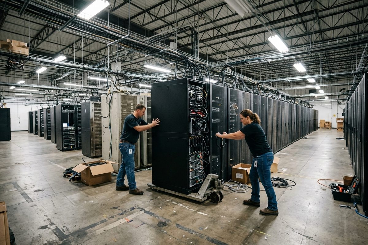 Two technicians wheel a tall black GPU server rack down a long data center aisle under fluorescent light, with rows of racks on either side.