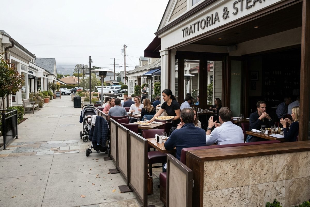 Photo illustration of diners at lunch on a covered restaurant patio in Pacific Palisades.