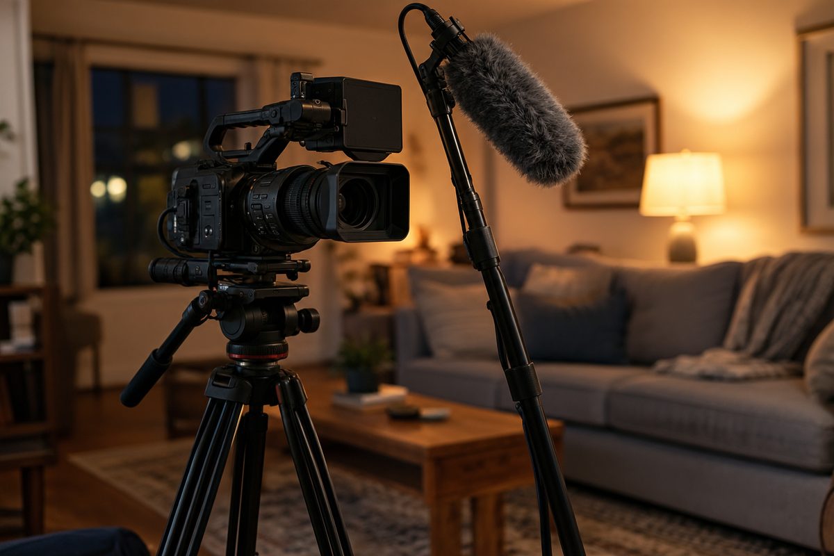 A documentary camera on a tripod and a boom microphone set up in a dim, ordinary living room, shot in shallow focus under warm lamplight.