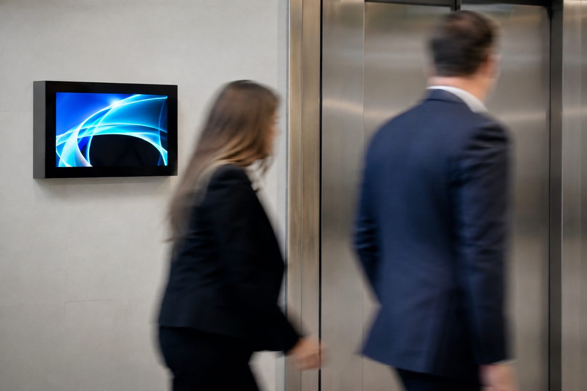 A small digital advertising screen mounted beside elevator doors in an anonymous office building lobby, with blurred commuters walking past.