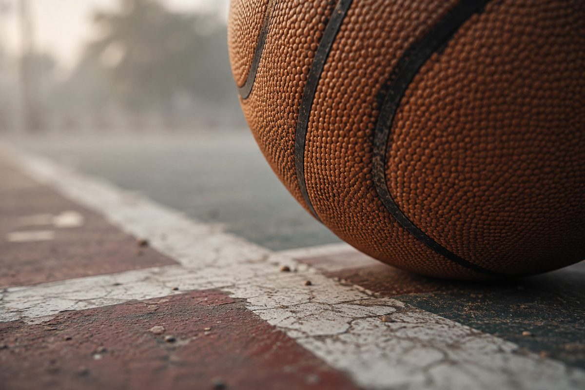 Extreme macro photograph of a basketball's pebbled surface resting on painted court lines in hazy morning light.