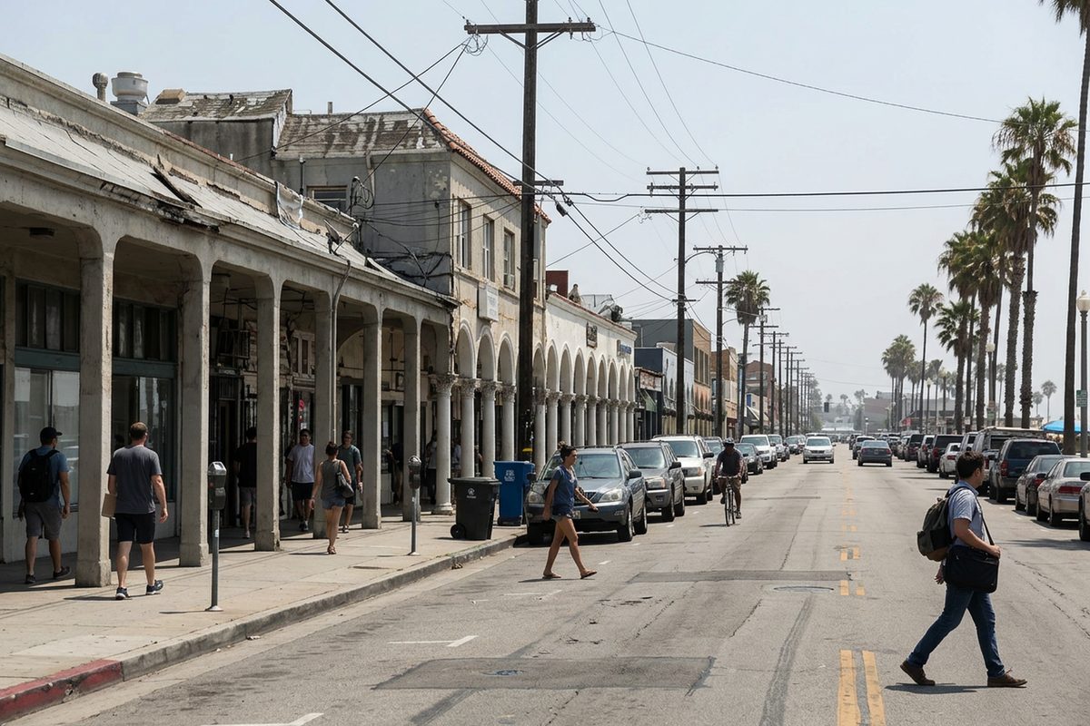 Pedestrians walking under the arcades of Windward Avenue in Venice at midday, with low commercial buildings along the street