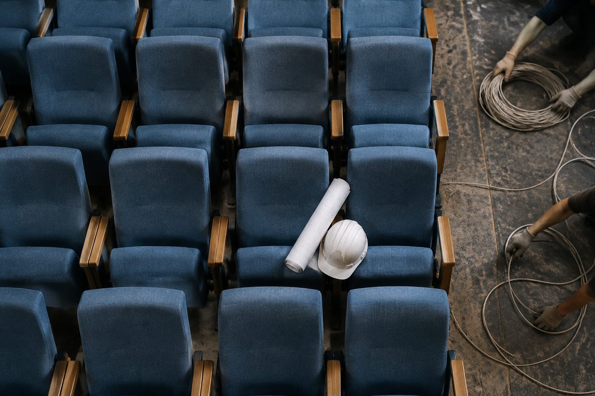Overhead view of rows of theater seats in an unnamed auditorium, with rolled plans and a hard hat left on one seat in cool morning light.