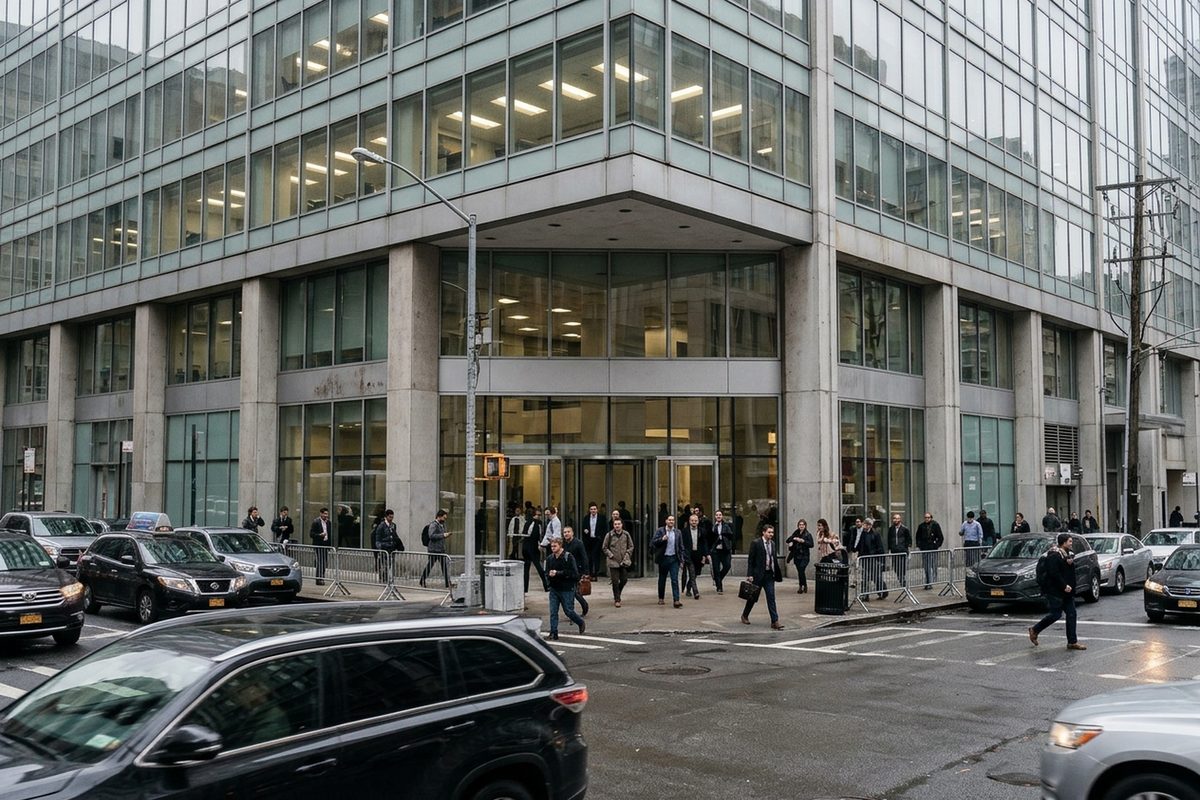 Office workers walk out of a glass-fronted office building on an overcast afternoon, seen from across the street.