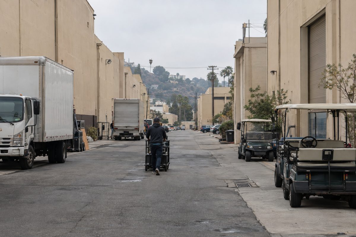 Tall beige soundstage buildings with closed doors along a quiet studio lot street in Studio City, with a few production trucks parked outside.