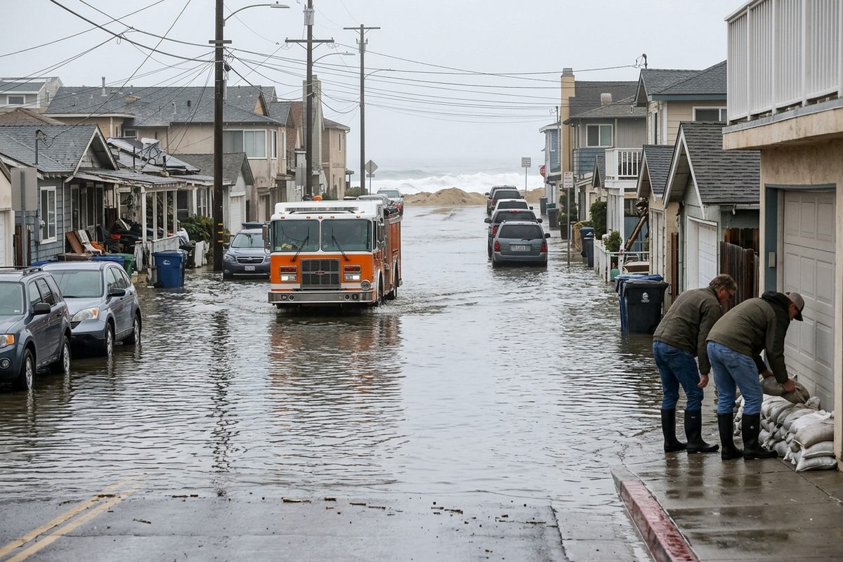 Seawater floods a residential street on the Balboa Peninsula in Newport Beach as residents stack sandbags and a fire truck pushes through.