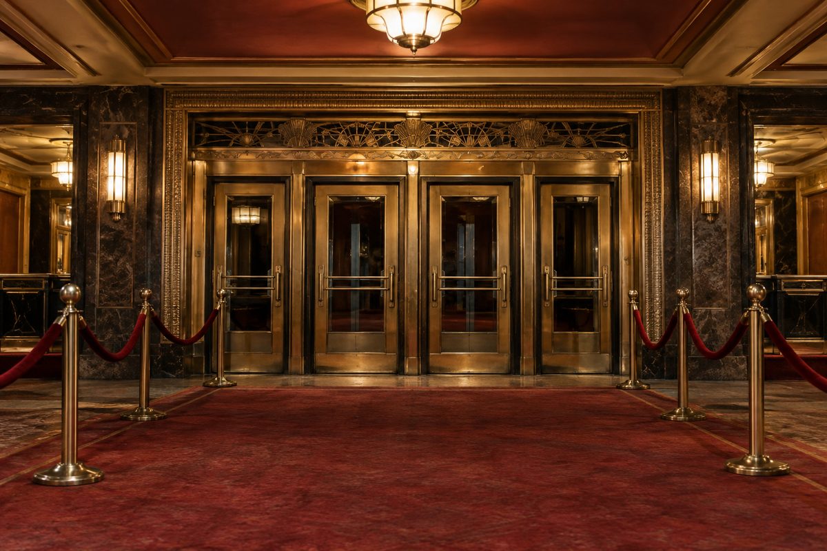 Brass doors and red carpet inside an old movie theater lobby, lit warmly, with no readable signage.