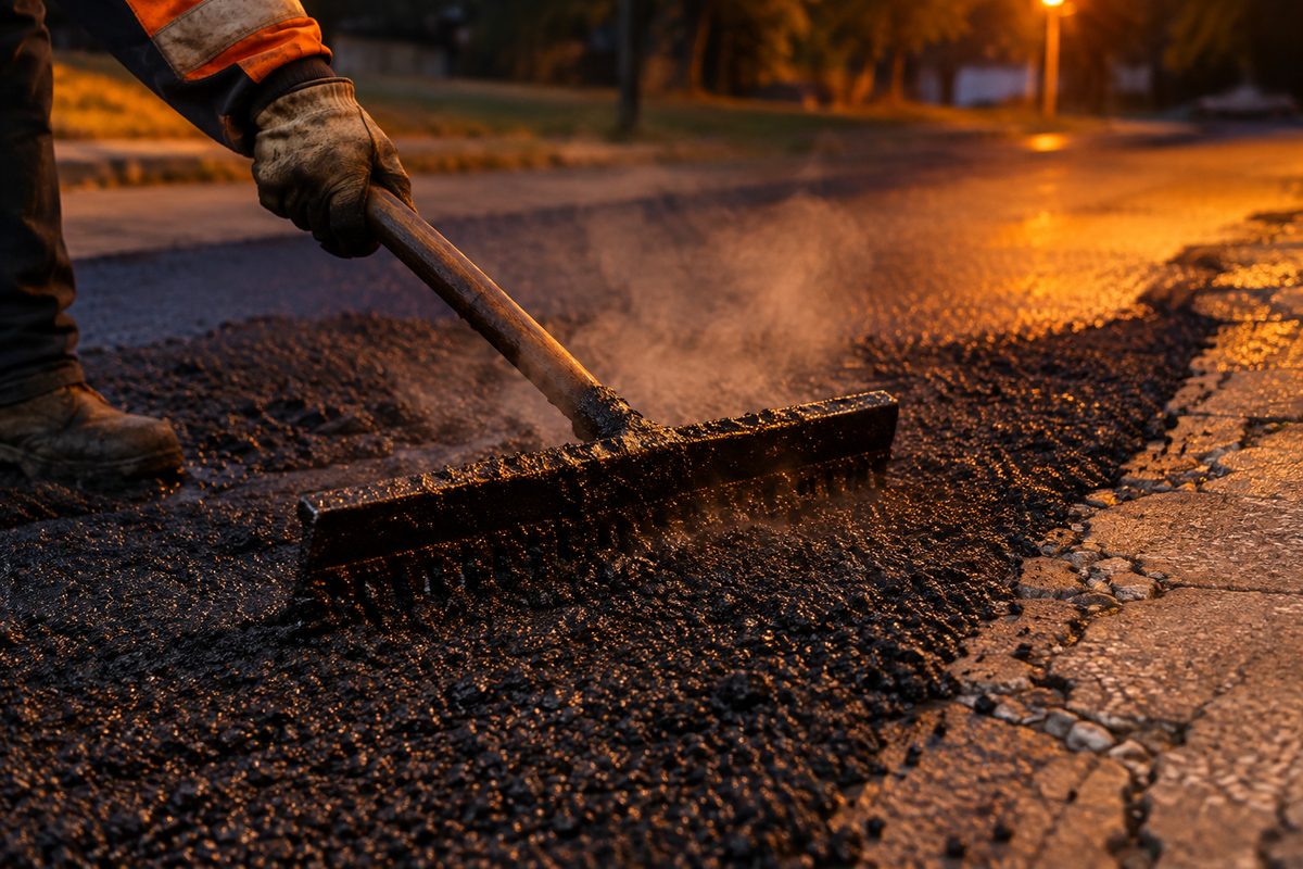 Close view of a worker's asphalt rake spreading fresh, steaming blacktop beside a cracked older street edge under orange evening streetlight.