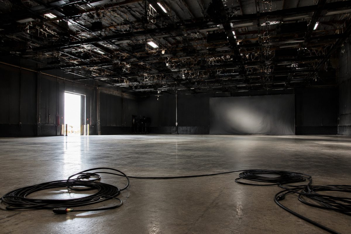 An empty soundstage interior with overhead lighting rigs, coiled cable and a bare concrete floor.