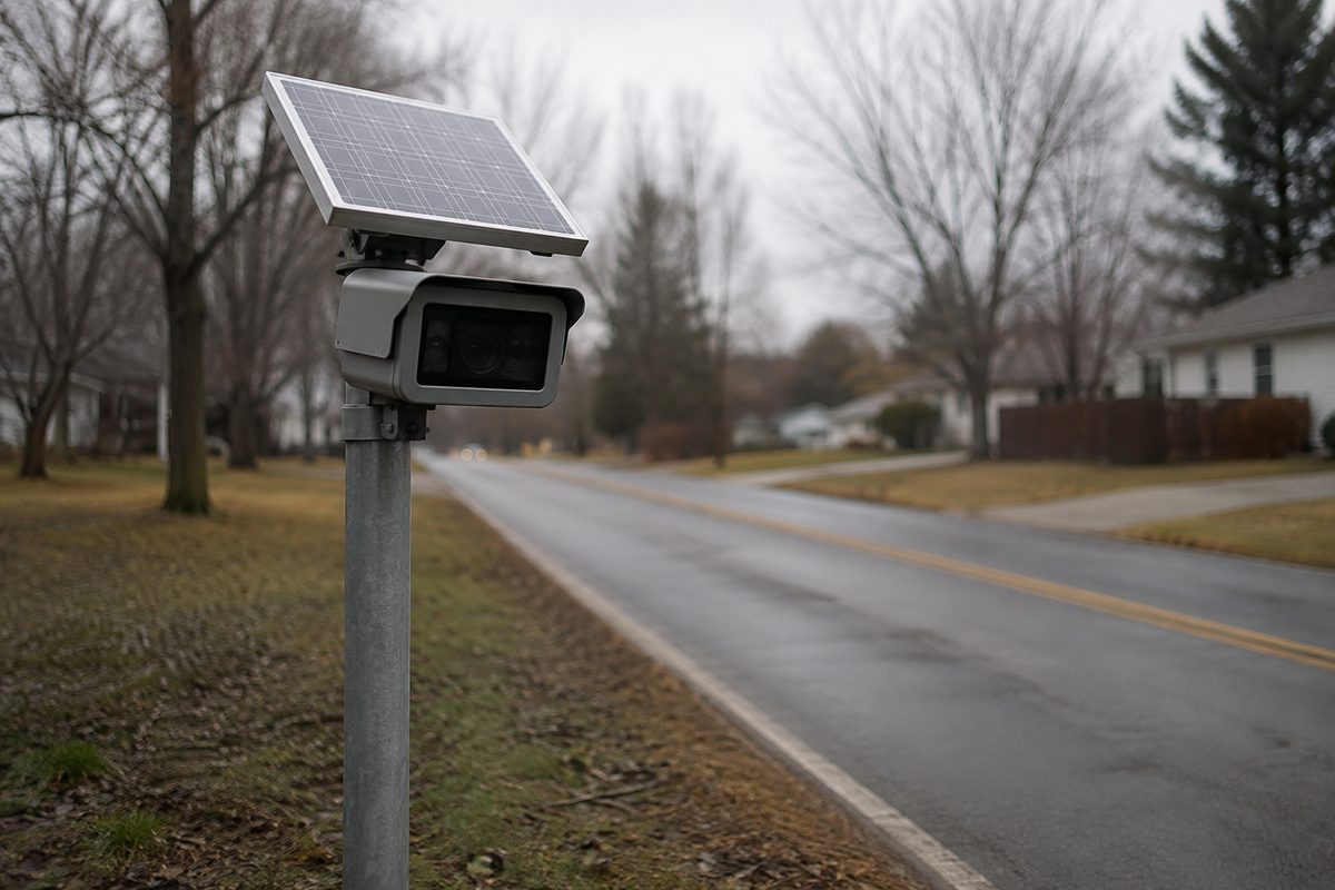 A solar-powered automated license plate reader camera mounted on a metal pole beside a quiet two-lane suburban street under an overcast sky.