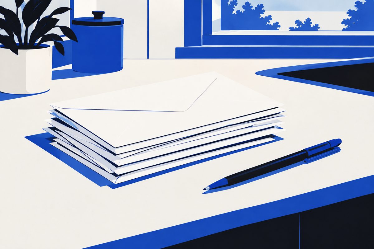 Illustration: Photorealistic editorial illustration: a stack of sealed mail-in ballot envelopes, plain white, resting on a kitchen counter beside a ballpoint pen. Soft daylight from a nearby window, quiet domestic setting, shallow depth of field. No people, no faces, no legible names, addresses, logos or text anywhere. Muted, natural color; unposed and understated, not stock-photo styling.