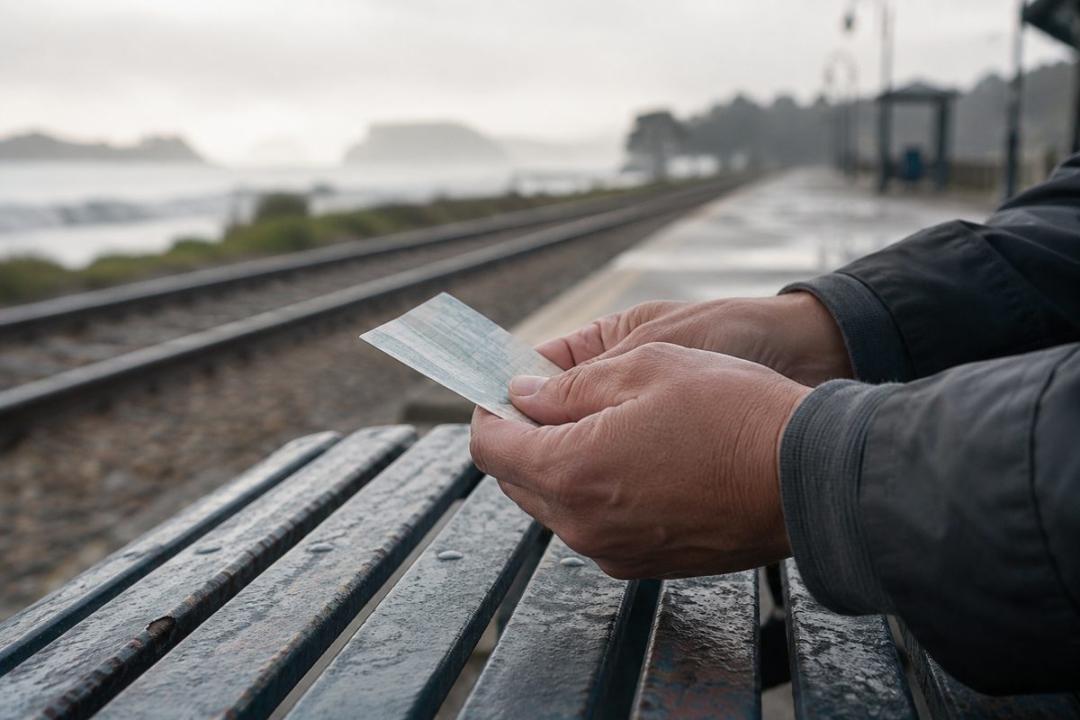 Close-up of a printed rail ticket held in two hands on a station platform bench, empty track blurred behind under gray morning light.