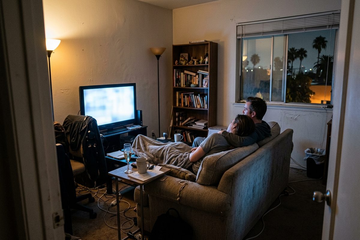 Two people seen from behind on a couch in a lamp-lit Los Angeles living room, watching a glowing television at night.