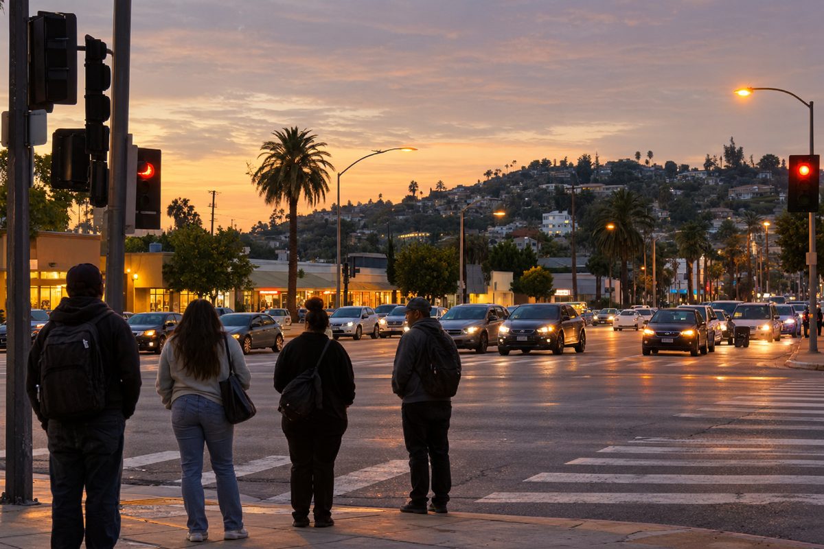 Cars stopped at a red light at La Brea and Slauson avenues in Windsor Hills at dusk, with pedestrians waiting at the crosswalk under streetlights.