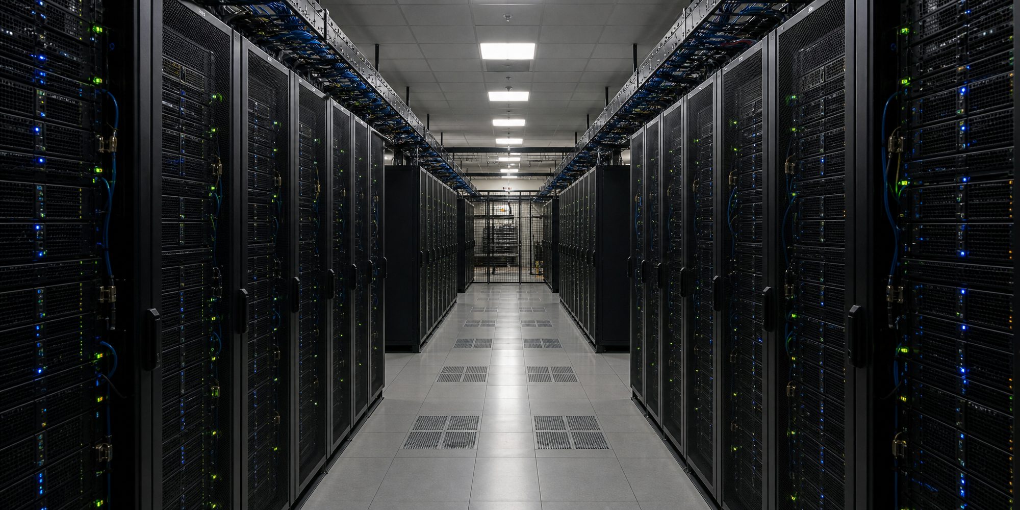 A symmetrical frontal view down a data center aisle: rows of unbranded server racks with blinking indicator lights, bundled cabling in overhead trays, lit by flat fluorescent ceiling panels.