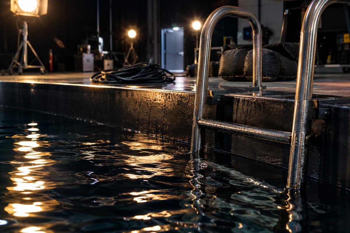 Close-up of the wet steel edge of a soundstage water tank, with rippling dark water and coiled cable behind it.