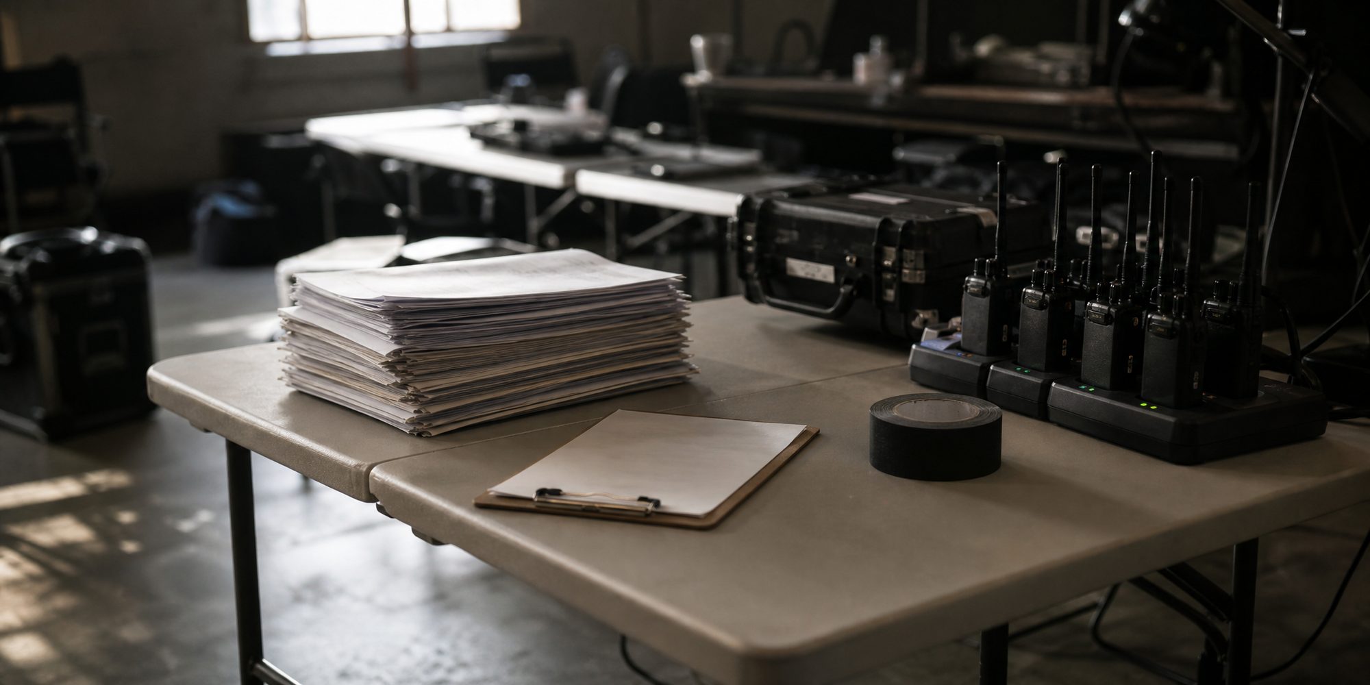 A folding table in a dim production office holding a stack of unmarked permit paperwork, a clipboard, a roll of gaffer tape and a charging bank of radios.