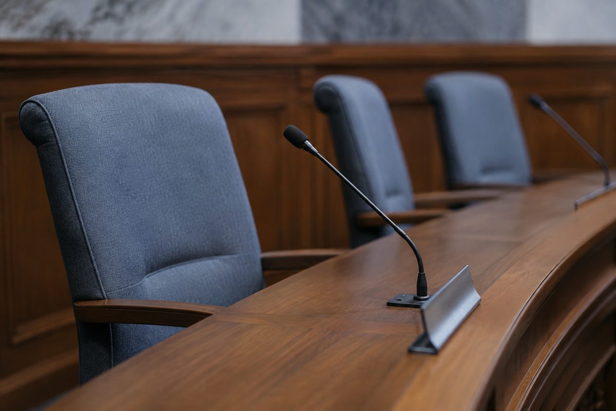 An empty chair at a curved wooden dais in a government hearing room, with a microphone and blank nameplate holder in front of it.
