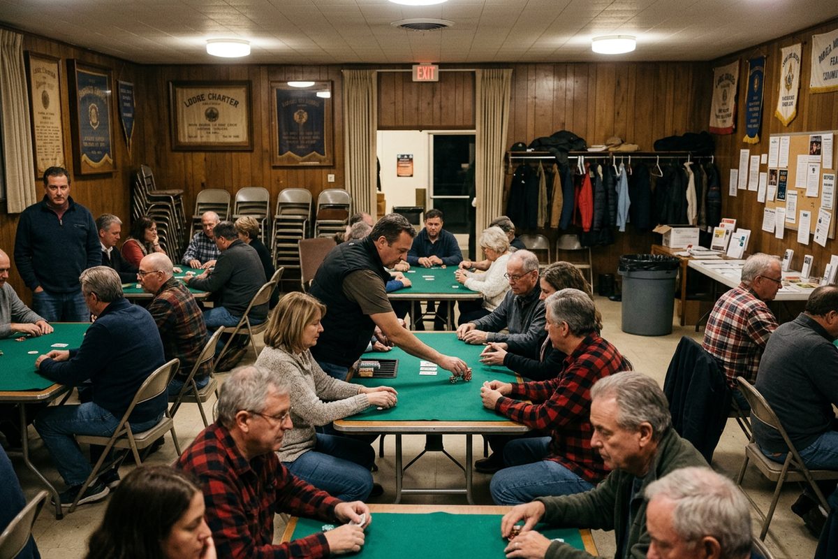 Players seated around folding poker tables in a lodge hall at night while a dealer slides chips across the felt.