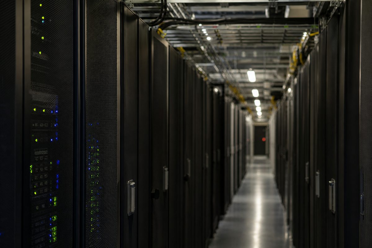 A long-lens view down an aisle of server cabinets under fluorescent light, with cable trays overhead and no readable text.