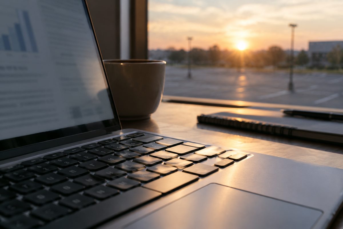 Close-up of a laptop keyboard and a screen with a blurred, unreadable document, lit by early morning light from an office window.