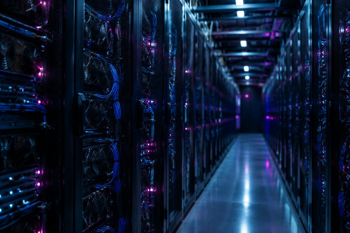 Long-lens view down a dark aisle of caged network equipment, cables and cooling fans lit by small colored indicator lights.