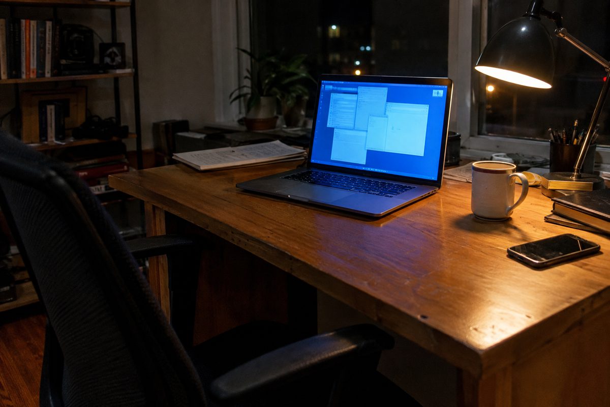 A laptop on a desk at night with no one in the chair, its screen showing app windows opening on their own.