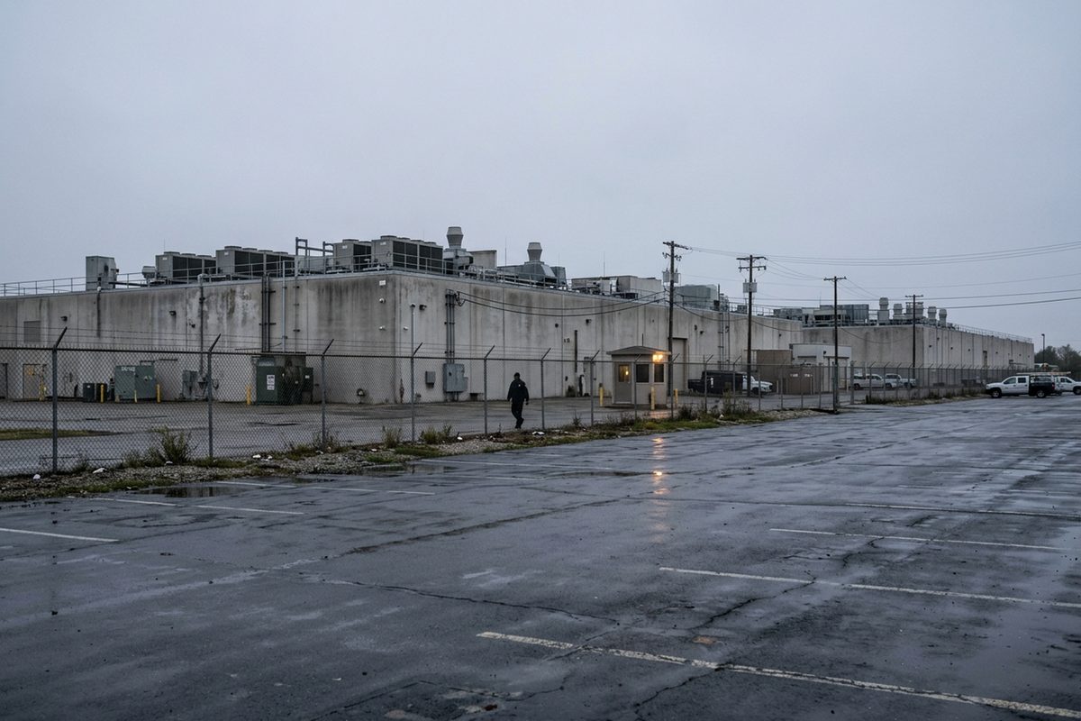 A data center's chain-link perimeter fence and low windowless buildings under a gray dawn sky, seen from an empty parking lot, illustrating OpenAI's monitoring of AI models during training.