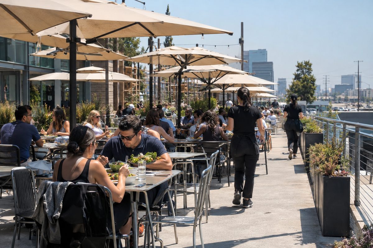 Diners at outdoor tables on a shopping-center dining terrace in Century City at midday, seen from a nearby walkway, a scene like the mall where a True Food Kitchen closed after the chain's bankruptcy filing.