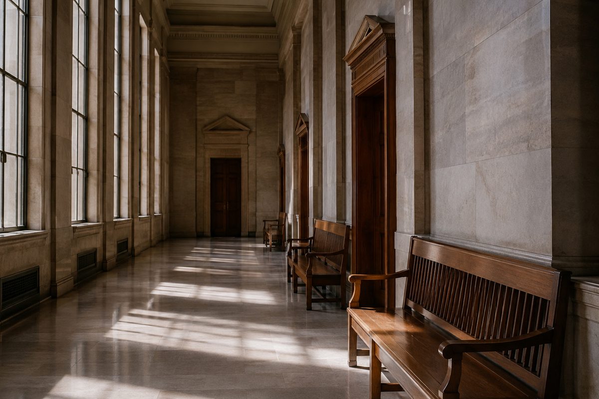 Empty wooden benches line an anonymous federal courthouse corridor in downtown Los Angeles, with tall windows and no signage visible.
