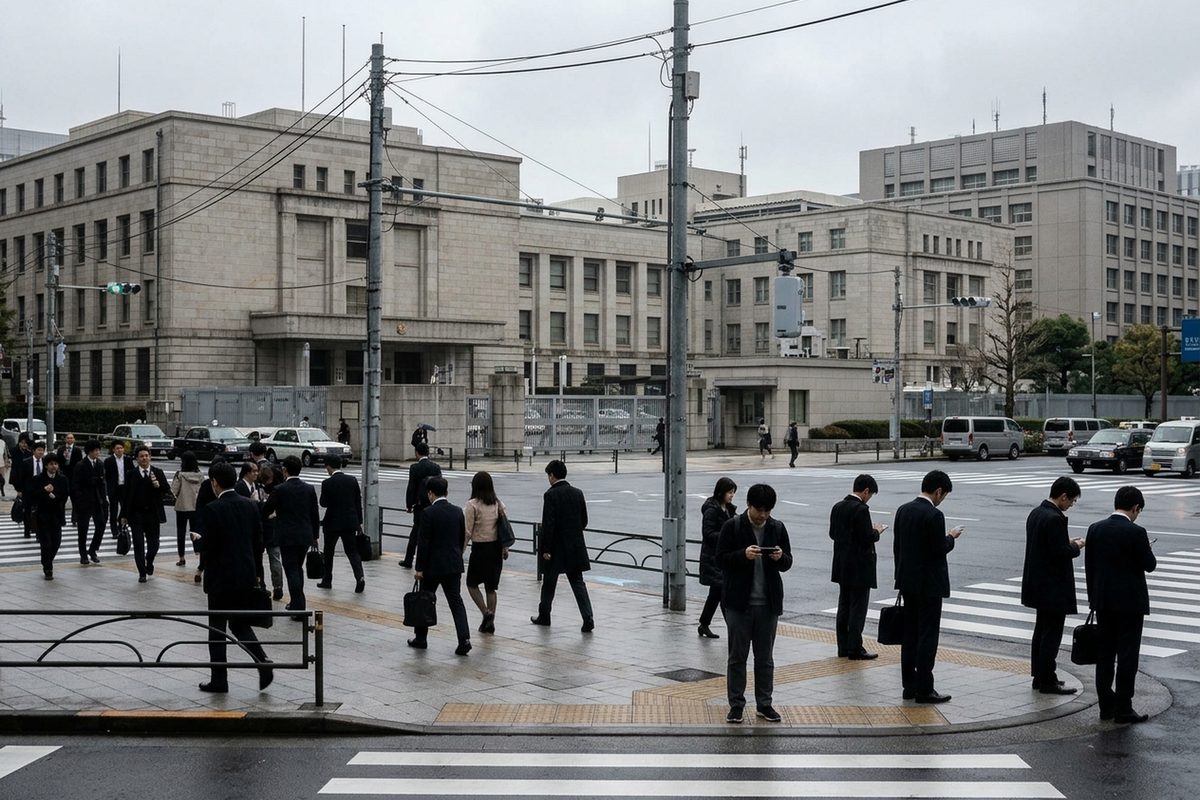 Pedestrians walk past the court buildings in Kasumigaseki, Tokyo, on an overcast day, where the Nintendo v. Pocketpair Palworld patent case is being heard.