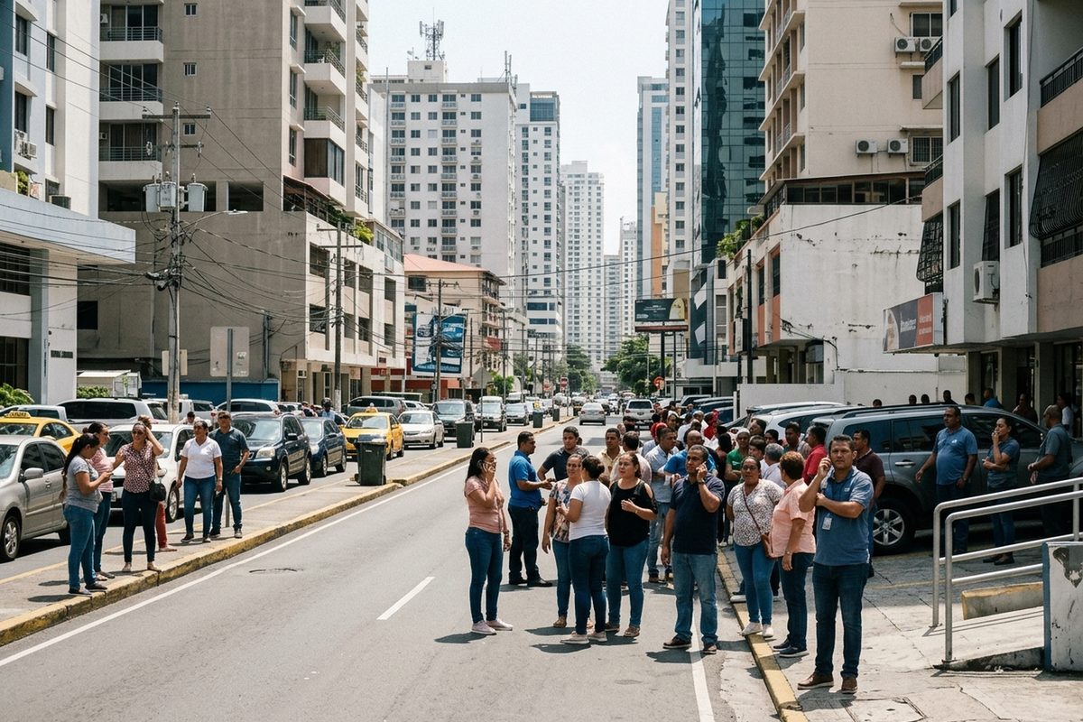 Residents stand on a Panama City sidewalk outside high-rise buildings after the Panama earthquake, waiting for news.