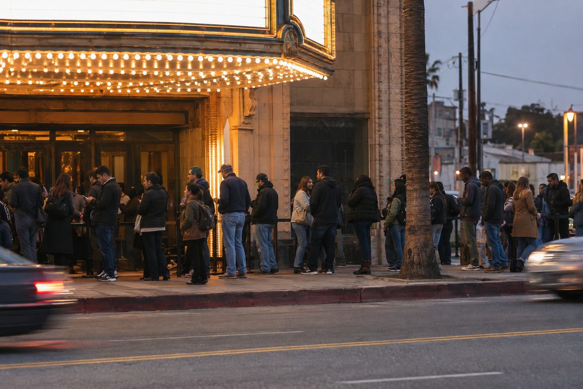 Moviegoers in a line outside a movie theater on Hollywood Boulevard at night, lit by the marquee lights, seen from across the street.