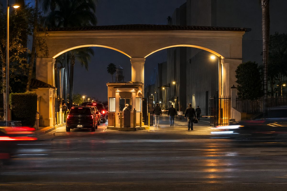 A Hollywood studio's arched front gate at night, seen from across Melrose Avenue, with cars waiting at the security booth and workers walking out under the gate lights.