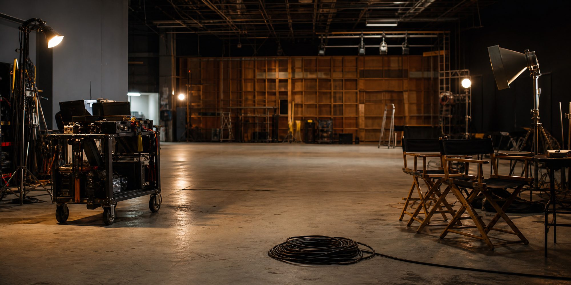 Wide view of an empty soundstage interior lit by warm work lamps, with coiled cable, a wheeled equipment cart and folded canvas chairs.