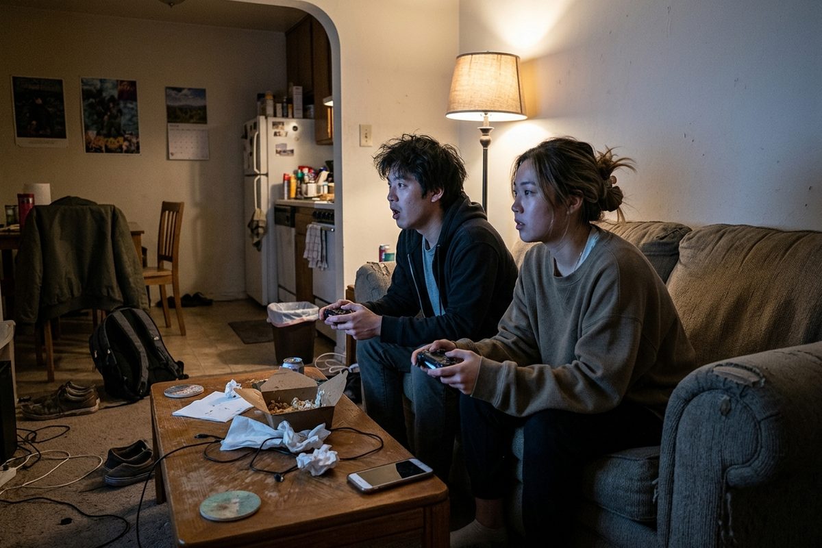 Photo illustration of two people on a couch at night holding game controllers, their faces lit by the glow of a TV that is out of frame, a scene for a story about Paramount's live-action Cyberpunk 2077 movie.