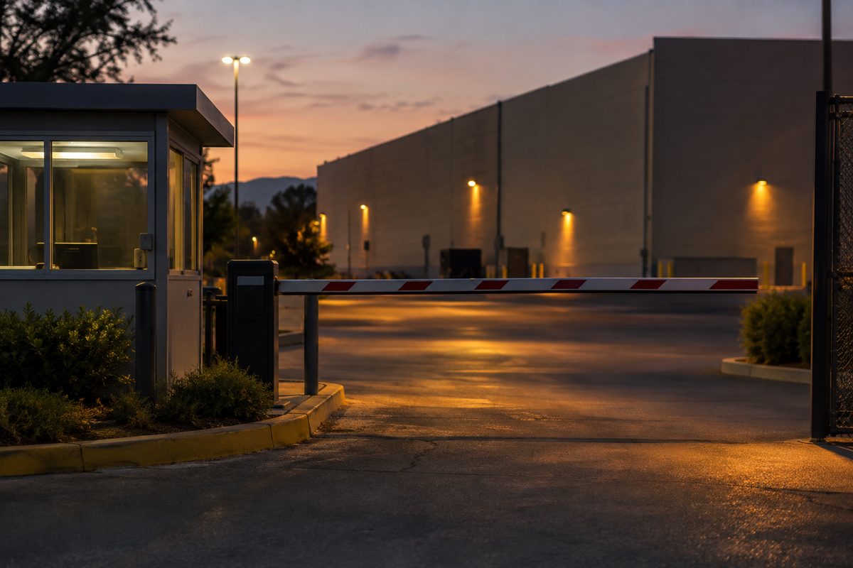 Shallow-focus view of a studio lot gate arm and empty security kiosk at dusk, soundstage wall blurred behind.